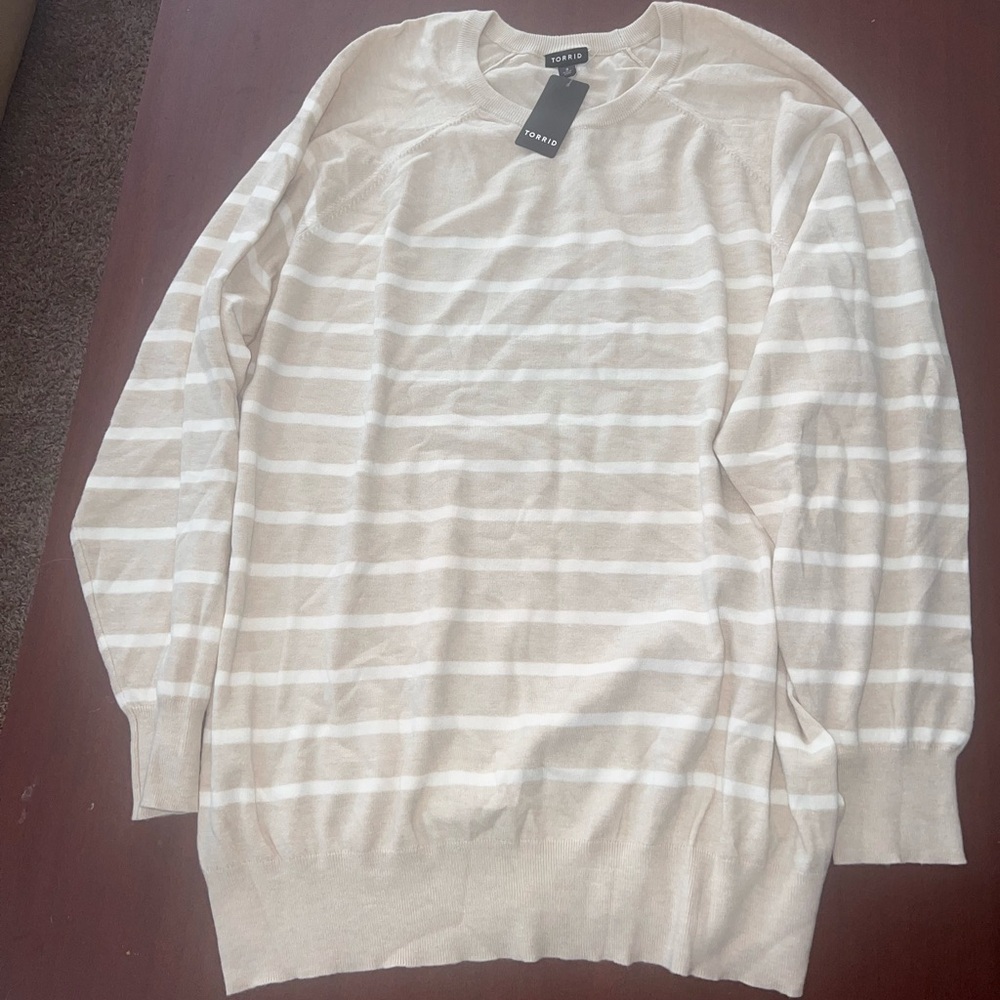 Torrid Women's Cream Striped Crewneck Sweater